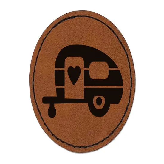 Adorable Little Camper Silhouette Camping Outdoor Life Round Iron-On Engraved Faux Leather Patch Applique - 2.5" Brown {1}