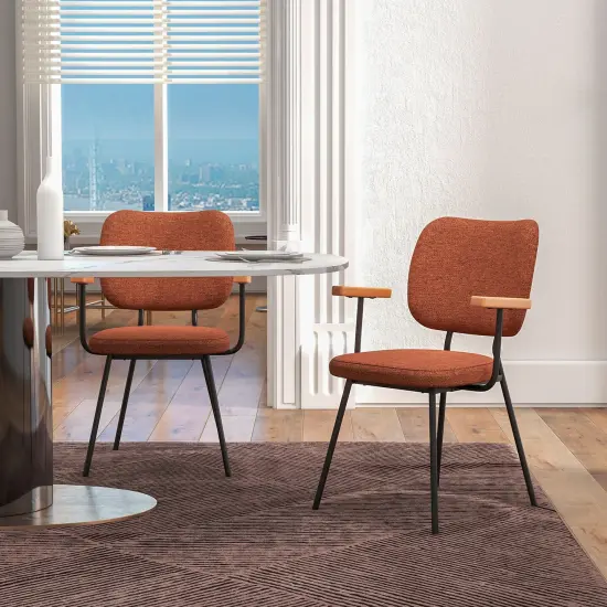 Set of 2 Modern Fabric Dining Chairs with Armrest and Curved Backrest Orange {2}