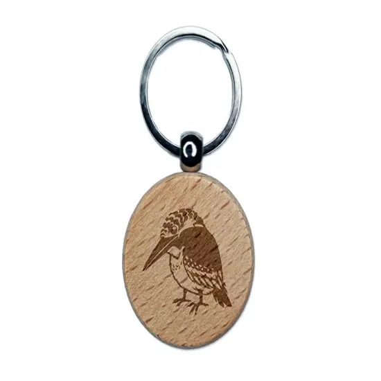Kingfisher Bird Engraved Wood Round Keychain Tag Charm {1}
