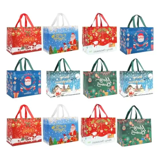 12 Pieces Large Reusable Christmas Tote Bags with Handles, Christmas Treat Bags, Multifunctional Non-Woven Christmas Bags for Gifts Wrapping, Shopping, Xmas, Party Favor Bags, 12.8" x 9.8" x 6.7" {2}