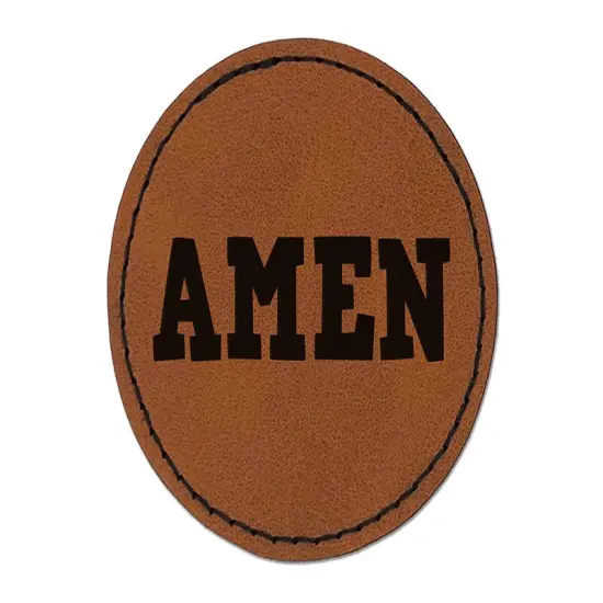 Amen Fun Text Prayer Praying Round Iron-On Engraved Faux Leather Patch Applique - 2.5" Brown {1}