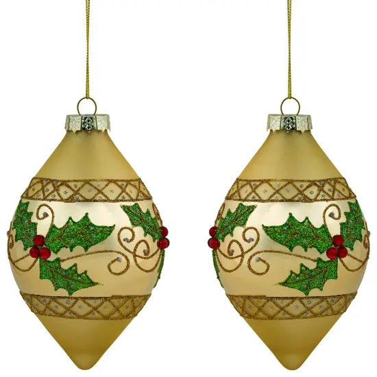 Northlight Set of 2 Golden Glitter Holly Finial Christmas Glass Ornaments 5" {1}