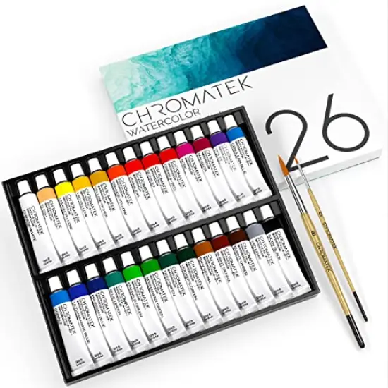 26 x 12ml Watercolor Paint Tube Set | 2 x Professional Brushes | Richly Pigmented Vibrant Colors | Adults, Children, Beginners and Artists Paint Set {1}