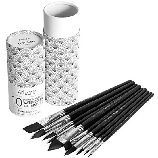 Watercolor Brush Set - 10 Professional Watercolor Paint Brushes for Artists - Soft Synthetic Squirrel Hair, Short Handles: Pointed Rounds, Flats, Dagger, Oval Wash for Water Color, Gouache {1}