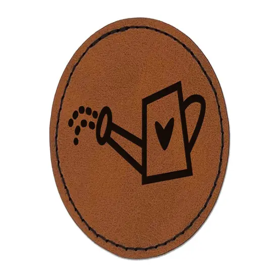 Watering Can Heart Gardening Plants Round Iron-On Engraved Faux Leather Patch Applique - 2.5" Brown {1}