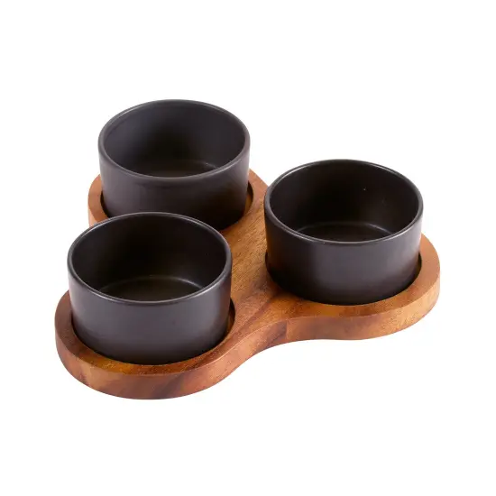 Triangular Serving Set with 3 Ceramic Dishes Black {1}