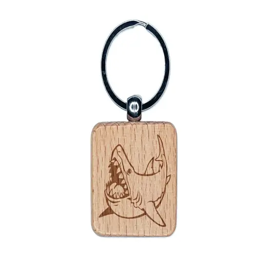 Toothy Great White Shark Engraved Wood Square Keychain Tag Charm {1}