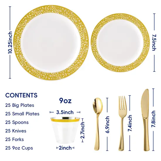 150 Pieces Gold Dinnerware Set, Elegant Plastic Plates Disposable Include: 25 Gold Lace Plastic Plates, 25 Dessert Plates, 25 Forks, 25 Knives, 25 Spoons, 25 Cup, Ideal for Party, Birthday {1}