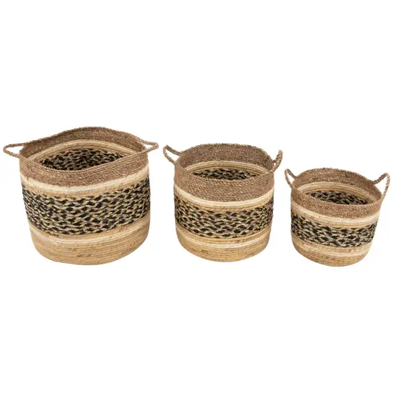 Northlight Seagrass Weave Round Storage Baskets with Handles - 15" - Set of 3 Beige {1}