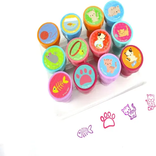 TINYMILLS 12 Pcs Cats Kittens Stamp Kit for Kids - Kitty Cat Self Inking Stamps Gift Party Favors {3}