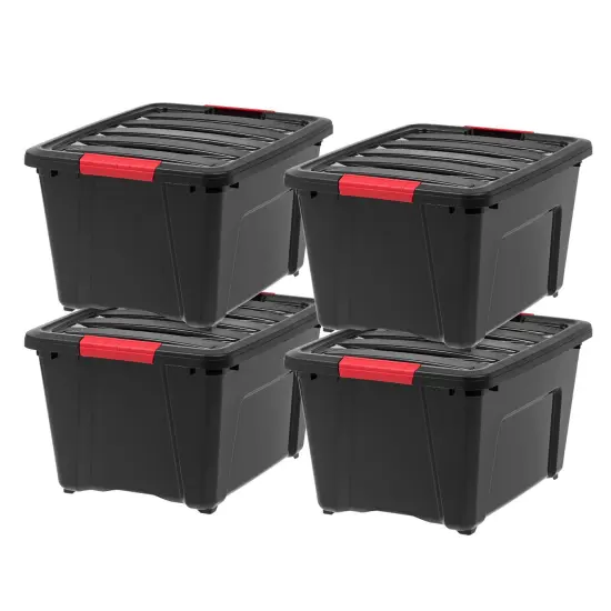 IRIS USA 32 Qt Stackable Plastic Storage Bins with Lids, 4 Pack - BPA-Free, Made in USA - Garage Organizing Solution, Latches, Durable Nestable Containers, Secure Pull Handle - Black {1}