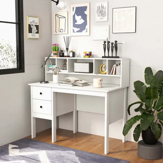 Costway Computer Desk 48" Writing Table w/ Power Outlets 5-Cubby Hutch 2 Storage Drawers {2}