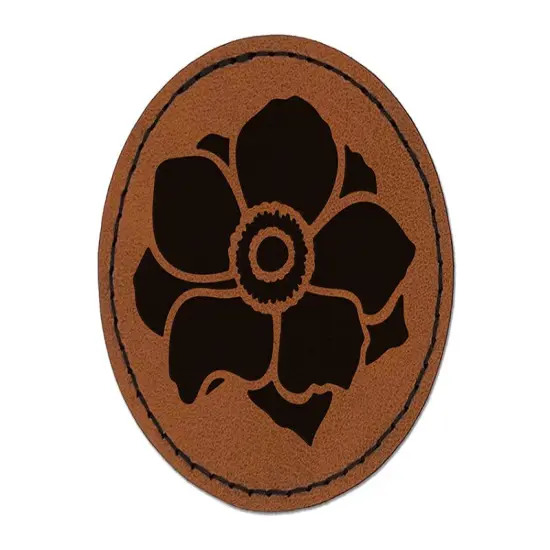 Anemone Flower Round Iron-On Engraved Faux Leather Patch Applique - 2.5" Brown {1}
