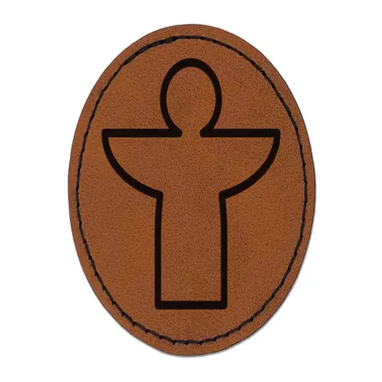 Angel Symbol Outline Round Iron-On Engraved Faux Leather Patch Applique - 2.5" Brown {1}