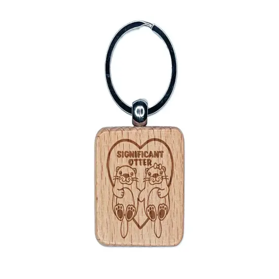 Significant Otter Other Holding Hands Love Anniversary Valentine's Day Engraved Wood Square Keychain Tag Charm {1}