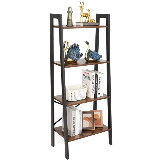 4-Tier Durable Bookcase Bookshelf Leaning Wall Ladder Shelf. {3}