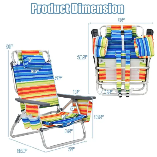 2-Pack 5-Position Folding Backpack Beach Reclining Chairs with Pillow Yellow {4}
