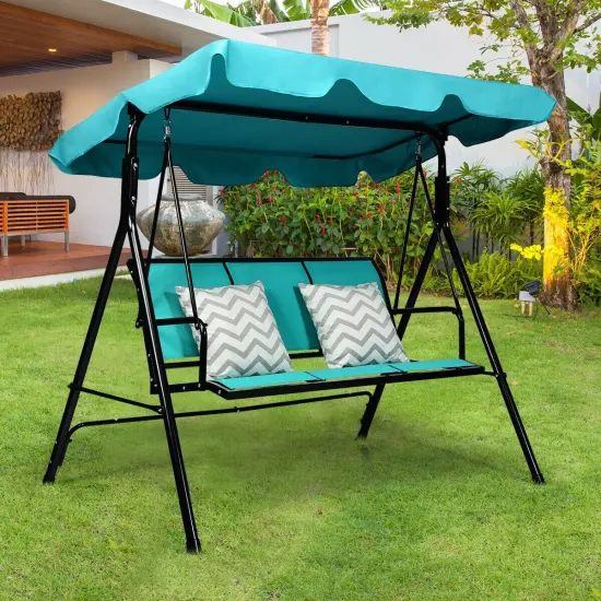 3 Person Patio Swing with Polyester Angle Adjustable Canopy Blue {2}