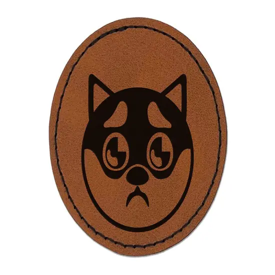 Husky Dog Face Puppy Eyes Round Iron-On Engraved Faux Leather Patch Applique - 2.5" Brown {1}