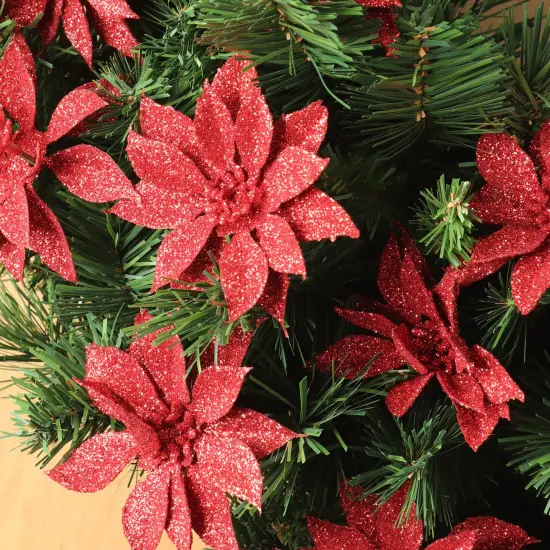 Set of 24: Sparkling Red Glitter Poinsettia Flower Picks | 3" Wide | Festive Holiday Accents | Trees, Wreaths, & Garlands | Christmas Picks | Home & Office Decor - 2024 Christmas Collection, Floral Home by Artificial Flowers {2}