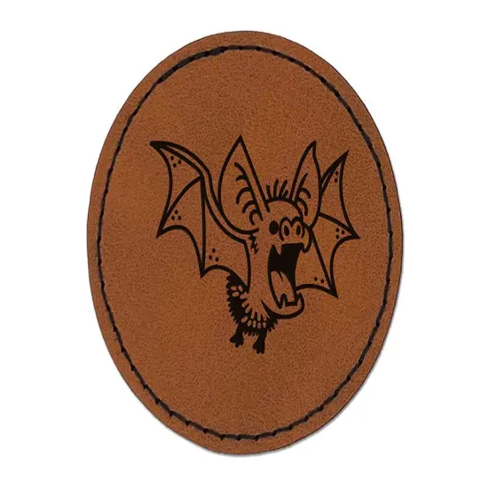 Fuzzy Little Cartoon Bat Halloween Round Iron-On Engraved Faux Leather Patch Applique - 2.5" Brown {1}