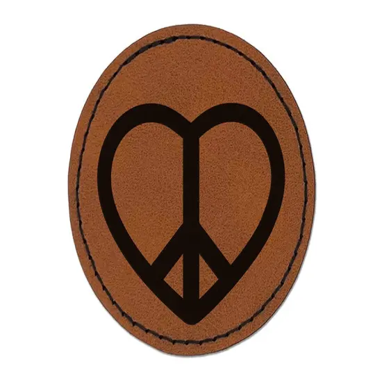 Peace Symbol in Heart Round Iron-On Engraved Faux Leather Patch Applique - 2.5" Brown {1}