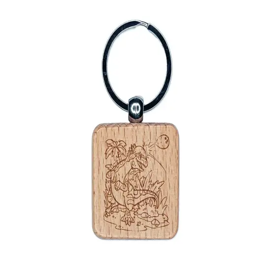 Pachycephalosaurus Dinosaur Headbutting Coconut Engraved Wood Square Keychain Tag Charm {1}