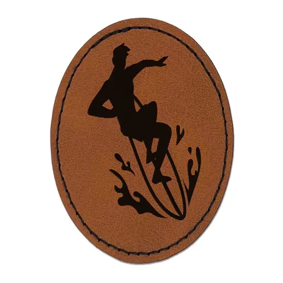 Surfer Surfing Man Silhouette Round Iron-On Engraved Faux Leather Patch Applique - 2.5" Brown {1}