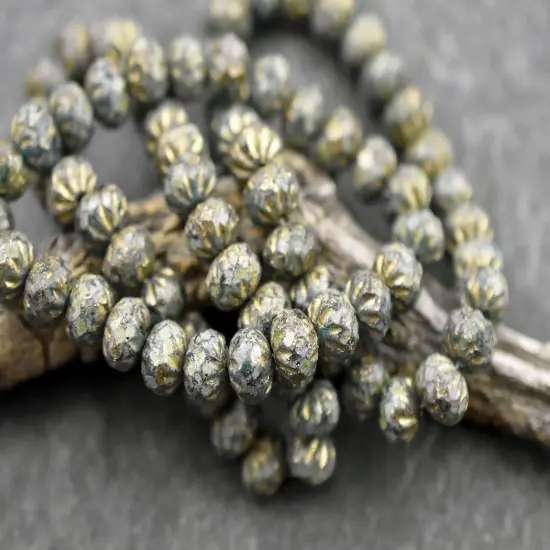 *25* 6x9mm Gold Washed Etched Pacific Blue Picasso Cruller Rondelle Beads {1}