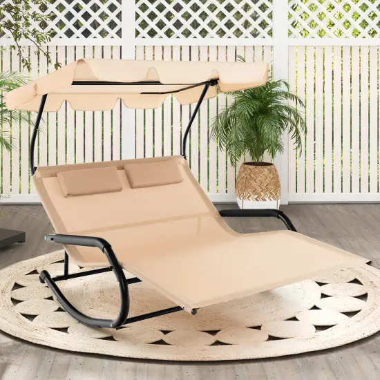 Outdoor 2 Persons Rocking Chaise Lounge with Canopy and Wheels-Beige {1}