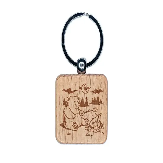 Hungry Bear Making S'mores over a Campfire Engraved Wood Square Keychain Tag Charm {1}