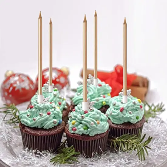 24 Pieces Party Long Thin Cake Candles Metallic Birthday Candles in Holders for Birthday Cakes Cupcake, Champagne Gold {6}