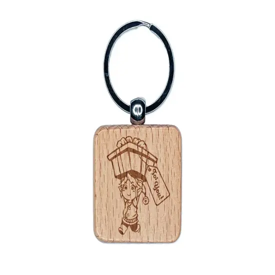Christmas Elf with a Gift for You Engraved Wood Square Keychain Tag Charm {1}