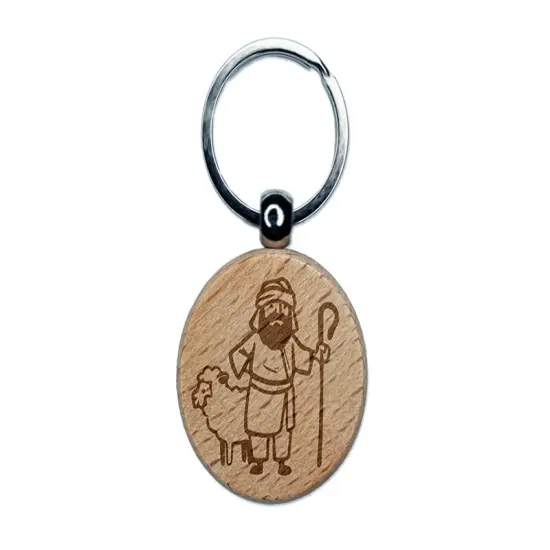 Biblical Shepherd Sheep Staff Crook Engraved Wood Round Keychain Tag Charm {1}
