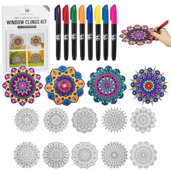 Stained Glass Mandala Art Kit - DIY Window Clings with Markers, 10 Suncatchers - Perfect Hobby for Adults, Kids, Teens & Seniors - Ideal Gift for Beginners, Women & Elderly {1}