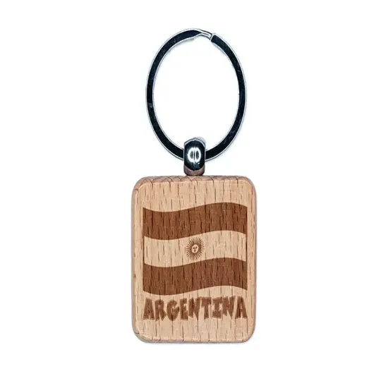 Argentina with Waving Flag Cute Engraved Wood Square Keychain Tag Charm {1}