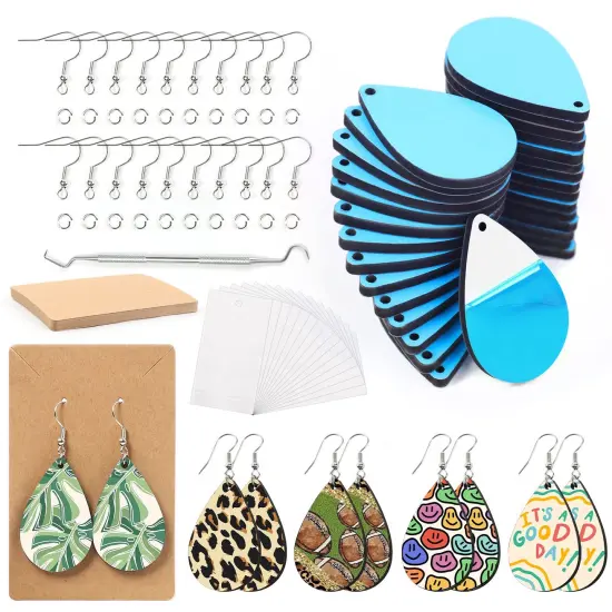 30 Pieces Sublimation Earring Blanks Bulk -Wood Earrings Blanks with Blue Protective Film - Unfinished MDF Teardrop Earrings for Sublimation Printing with Template, Weeder, Hooks, Jump Rings {1}