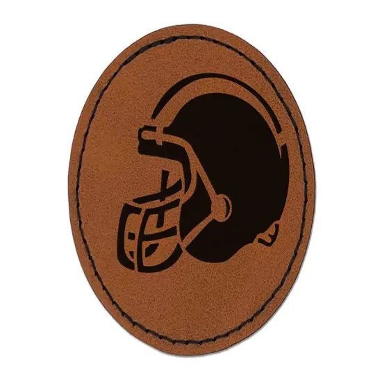 American Football Helmet Sports Round Iron-On Engraved Faux Leather Patch Applique - 2.5" Brown {1}