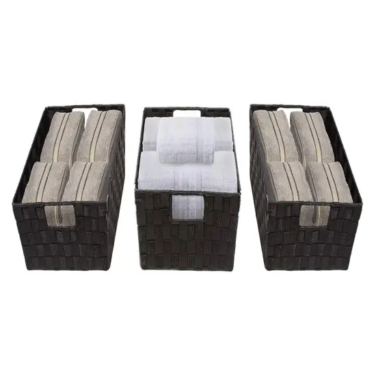 Sorbus Woven Basket Bin Set - Shelf Storage Tote Baskets for Household Items - Stackable with Woven Straps and built-in Carry Handles (3 Pack) Black {5}