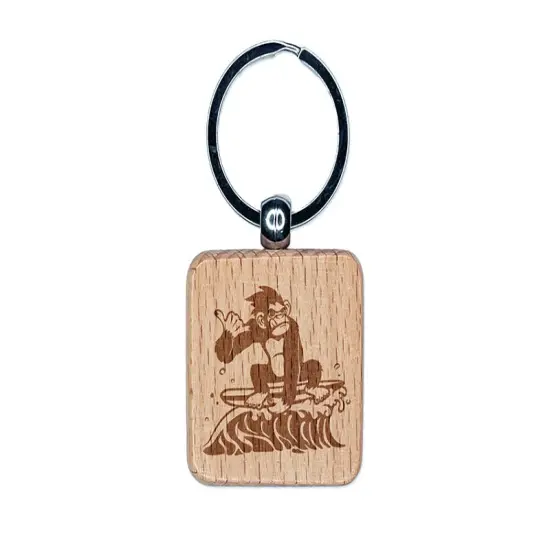 Gnarly Surfer Chimpanzee Ape on Wave Engraved Wood Square Keychain Tag Charm {1}