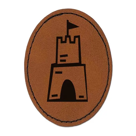 Sand Castle Doodle Round Iron-On Engraved Faux Leather Patch Applique - 2.5" Brown {1}