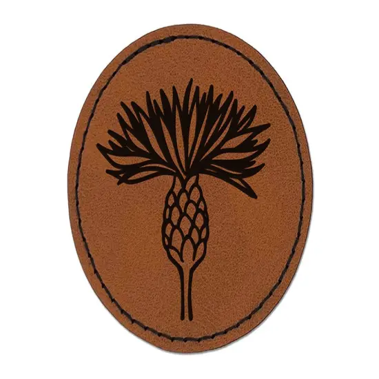 Cornflower Bachelor's Button Bloom Round Iron-On Engraved Faux Leather Patch Applique - 2.5" Brown {1}