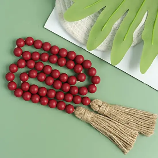 39 inches Wood Bead Garland Farmhouse with Tassels,Versatile Prayer Beads Boho Chic Wall Hanging Home Decor (Burgundy) {1}