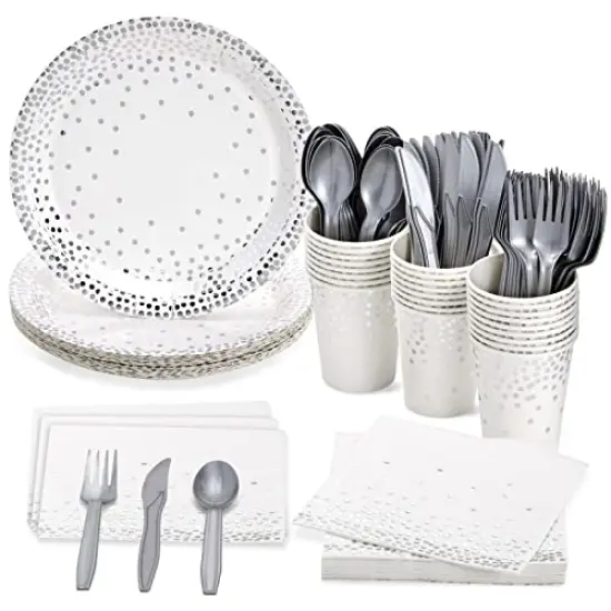 144 Pieces Silver Party Supplies for Wedding, Birthday - Silver Table Decorations with Plates, Napkins, Cups, and Cutlery (Serves 24) {2}