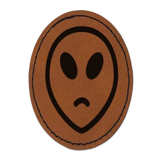 Sad Alien Emoticon Round Iron-On Engraved Faux Leather Patch Applique - 2.5" Brown {1}