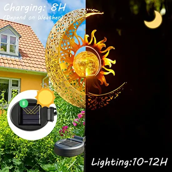 1 Pack Garden Solar Lights Outdoor Decorative, Sun & Moon Crackle Glass Globe Metal Stake Light, Waterproof Warm White LED Light, Decorations for Pathway Lawn Patio Courtyard Backyard {5}