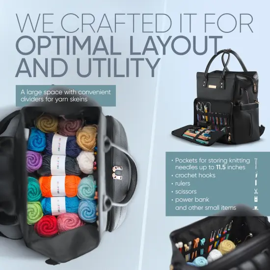 Yarn Storage Backpack for Knitting & Crocheting on the Go - Faux Leather Water-Resistant Bag with USB Port {3}