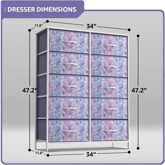 Sorbus Dresser with 10 Drawers - Storage Unit Organizer Chest for Clothes - Bedroom, Room, Nursery, & Closet - Steel Frame, Wood Top & Handles, and Easy Pull Fabric Bins Tie Dye Purple {3}