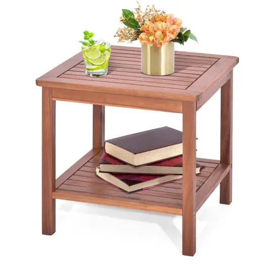 Costway Patio Acacia Wood Side Table 2-Tier Square End Table Porch Poolside Natural {1}