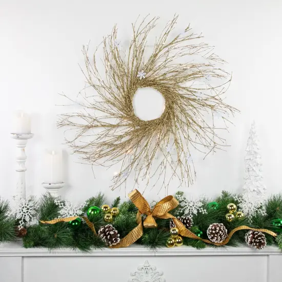 Northlight Pre-lit Battery Operated Glittered Twig Christmas Wreath - 28" - Warm White LED Lights Gold {3}
